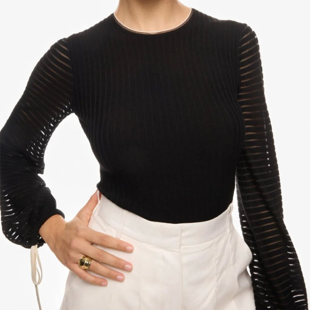 Roksanda x RTR Tie Puff Sleeve Top in Black Striped Long Sleeve Knit Shirt XL